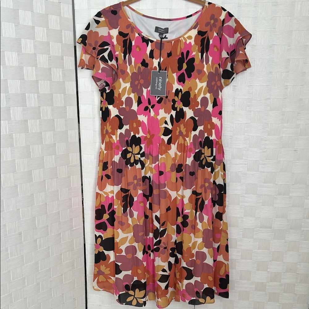 Ninety Floral Midi Dress in Pink, Orange, and Black